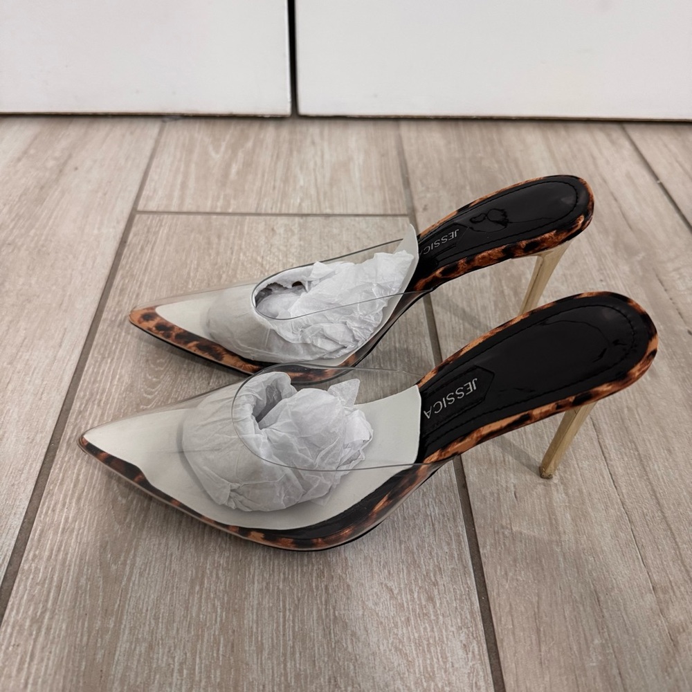 Jessica Rich So Bossy Clear Heels with Leopard Trim